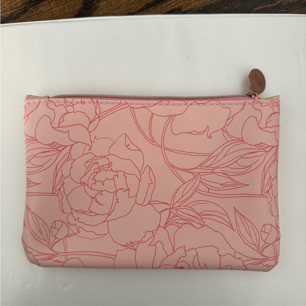 IPSY pink floral makeup bag - pink interior - zip top